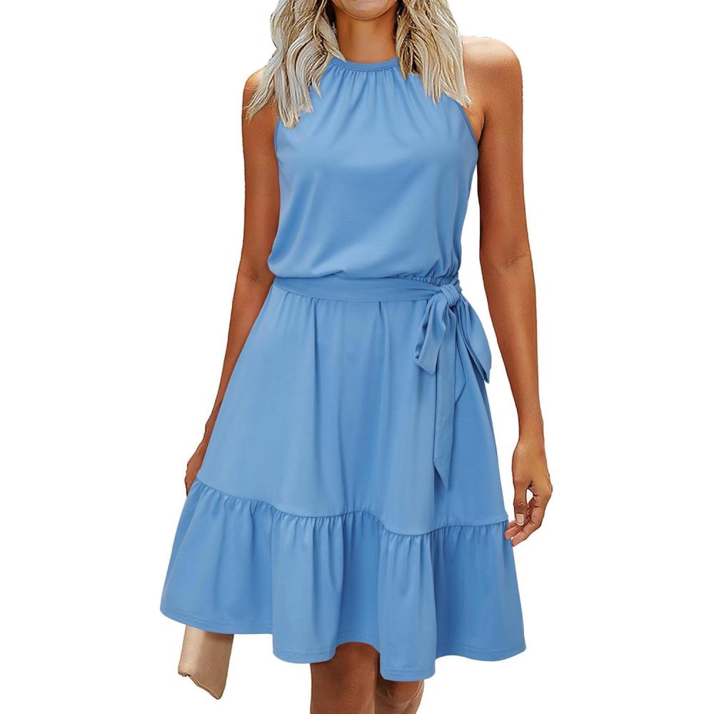 image:imageNewshows Womens 2026 Summer Dress Halter Wedding Guest Casual Beach Vacation Outfits Belted Sundresses with PocketsBaby Blue