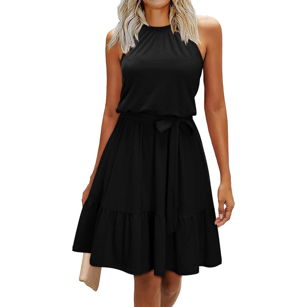 image:imageNewshows Womens 2026 Summer Dress Halter Wedding Guest Casual Beach Vacation Outfits Belted Sundresses with PocketsBlack