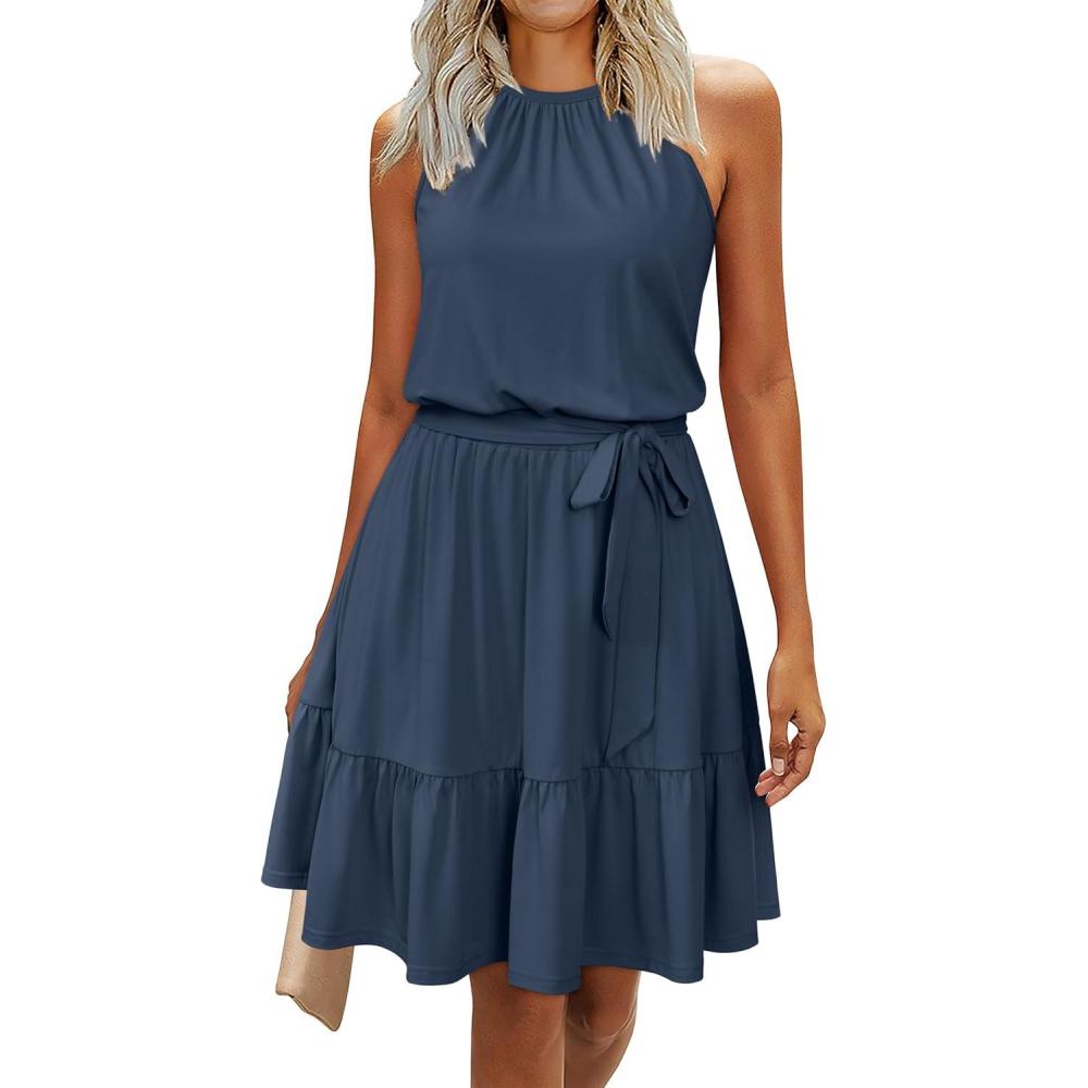 image:imageNewshows Womens 2026 Summer Dress Halter Wedding Guest Casual Beach Vacation Outfits Belted Sundresses with PocketsDark Blue