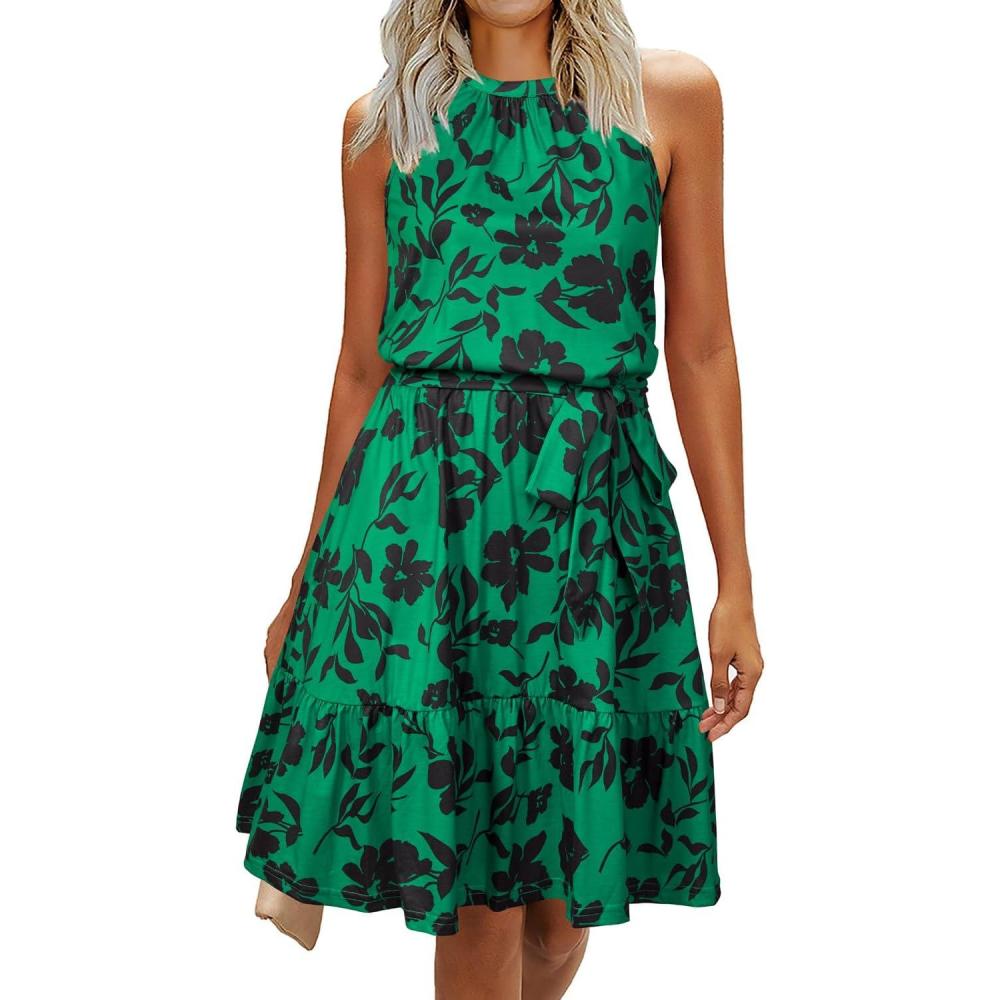 image:imageNewshows Womens 2026 Summer Dress Halter Wedding Guest Casual Beach Vacation Outfits Belted Sundresses with PocketsGreen Floral Black