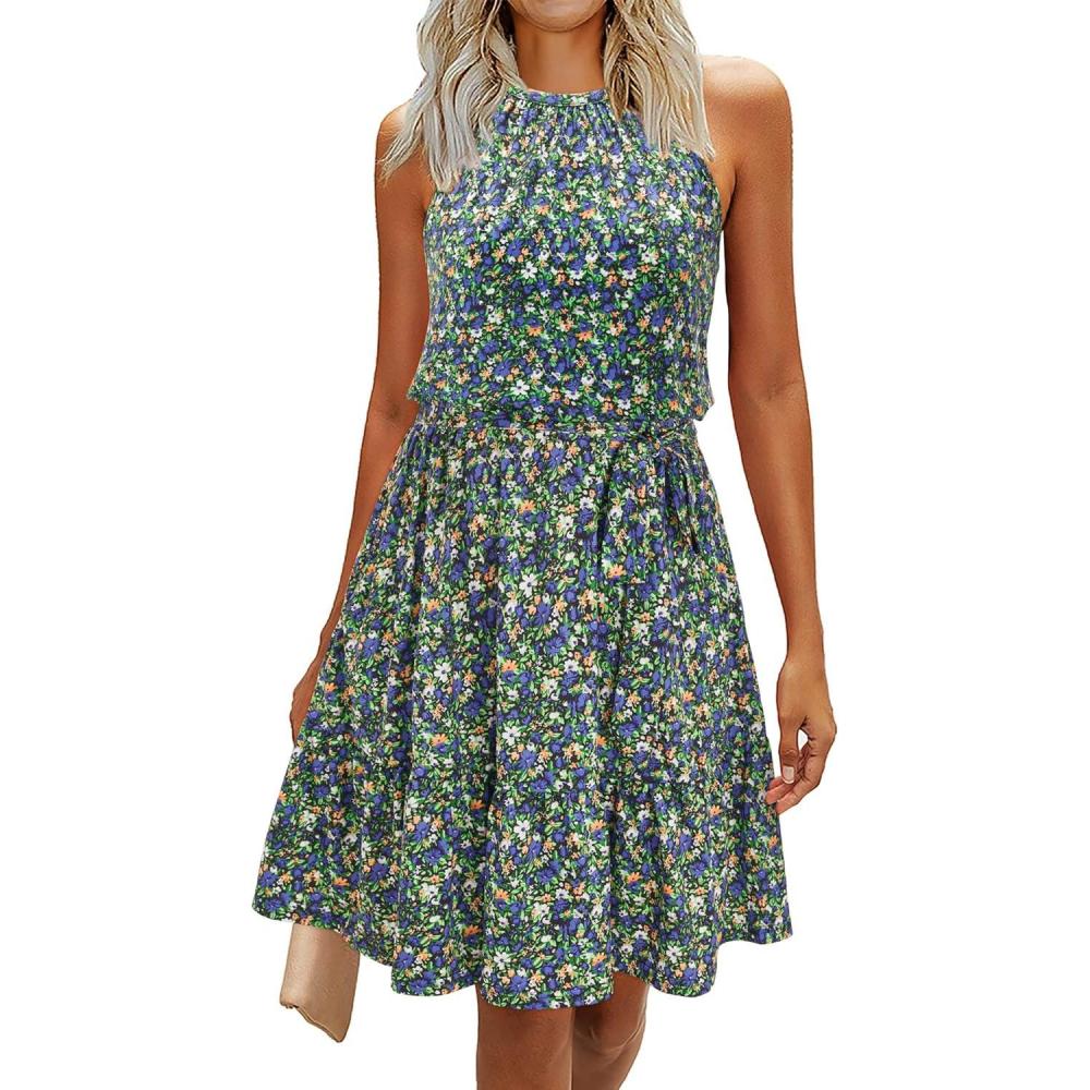 image:imageNewshows Womens 2026 Summer Dress Halter Wedding Guest Casual Beach Vacation Outfits Belted Sundresses with PocketsGreen Floral Purple