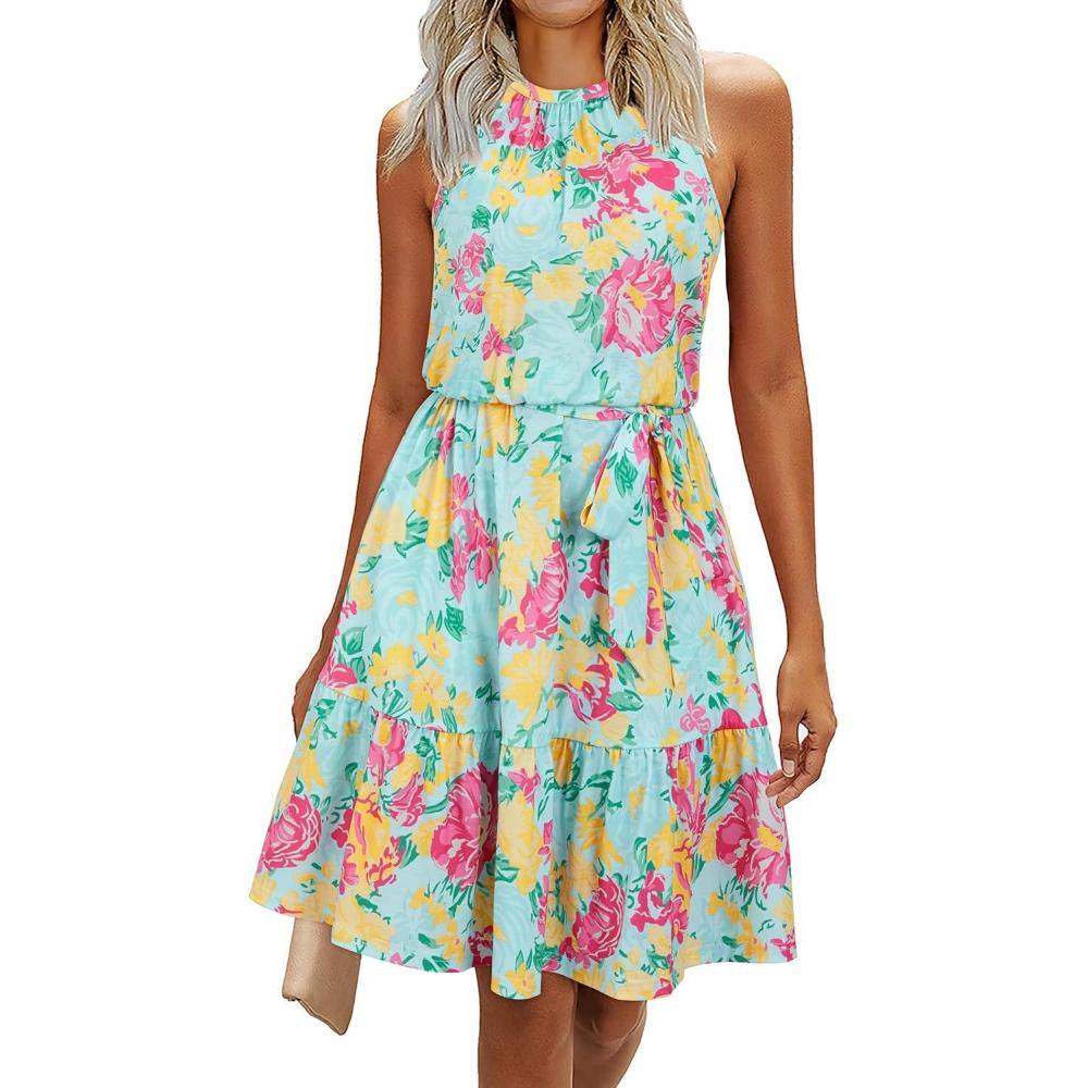 image:imageNewshows Womens 2026 Summer Dress Halter Wedding Guest Casual Beach Vacation Outfits Belted Sundresses with PocketsLight Blue Floral Rose