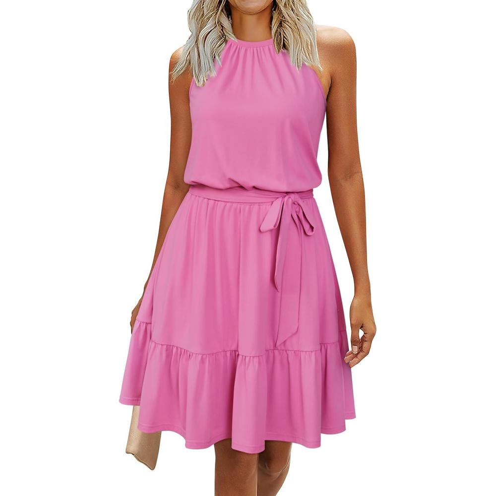 image:imageNewshows Womens 2026 Summer Dress Halter Wedding Guest Casual Beach Vacation Outfits Belted Sundresses with PocketsLight Pink