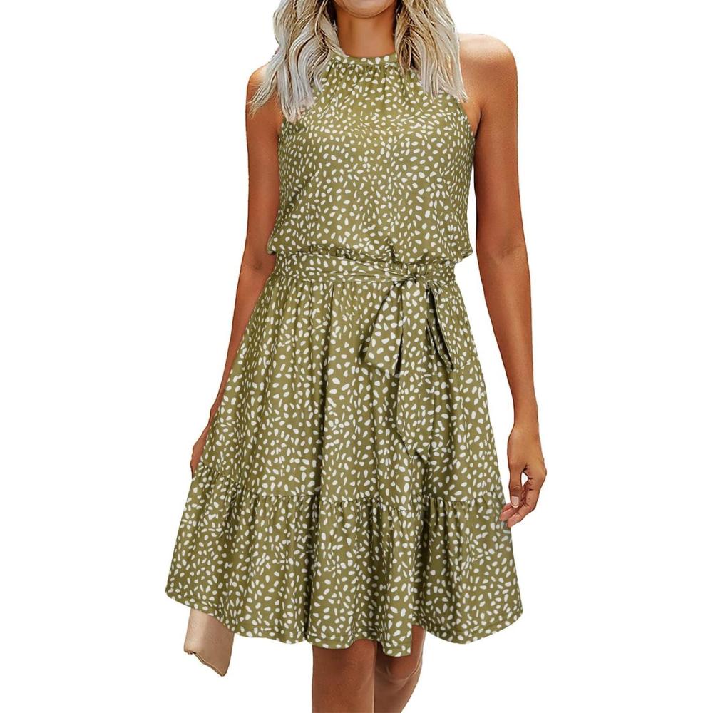 image:imageNewshows Womens 2026 Summer Dress Halter Wedding Guest Casual Beach Vacation Outfits Belted Sundresses with PocketsOlive Green Floral White