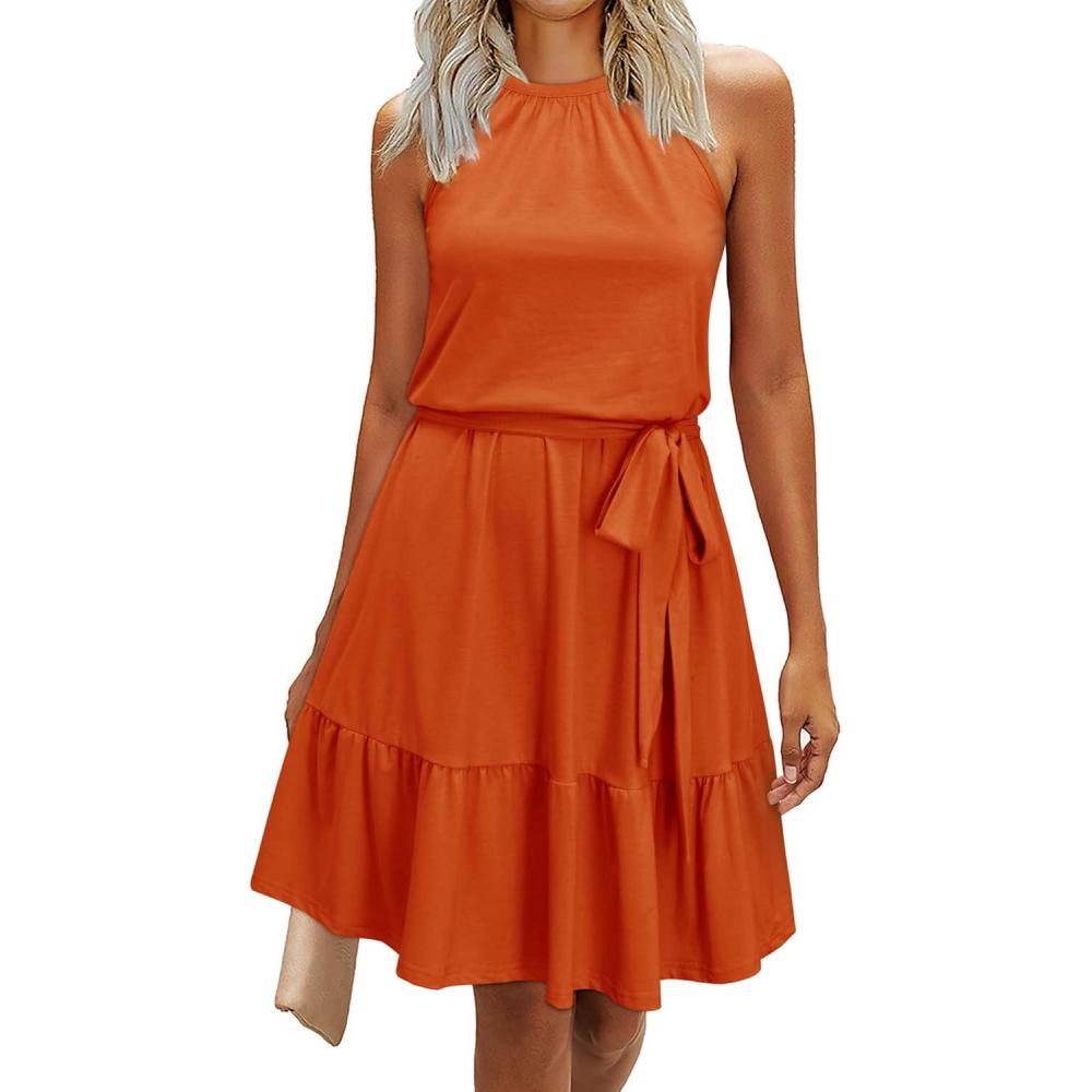 image:imageNewshows Womens 2026 Summer Dress Halter Wedding Guest Casual Beach Vacation Outfits Belted Sundresses with PocketsOrange