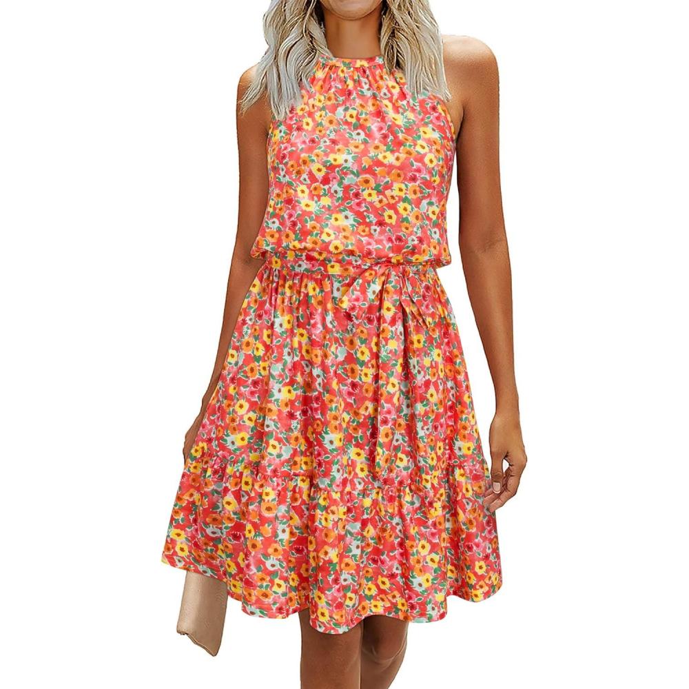 image:imageNewshows Womens 2026 Summer Dress Halter Wedding Guest Casual Beach Vacation Outfits Belted Sundresses with PocketsPink Floral Yellow