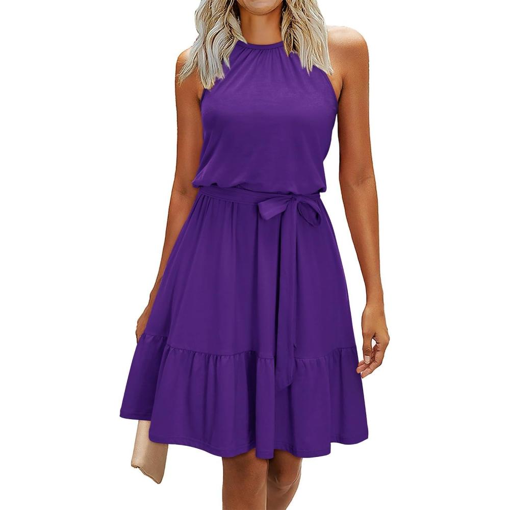 image:imageNewshows Womens 2026 Summer Dress Halter Wedding Guest Casual Beach Vacation Outfits Belted Sundresses with PocketsPurple