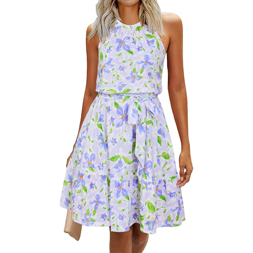 image:imageNewshows Womens 2026 Summer Dress Halter Wedding Guest Casual Beach Vacation Outfits Belted Sundresses with PocketsPurple Floral