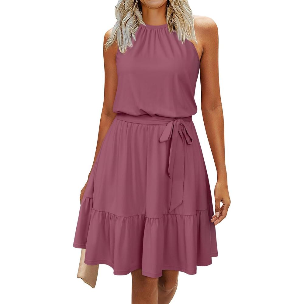 image:imageNewshows Womens 2026 Summer Dress Halter Wedding Guest Casual Beach Vacation Outfits Belted Sundresses with PocketsPurple Red