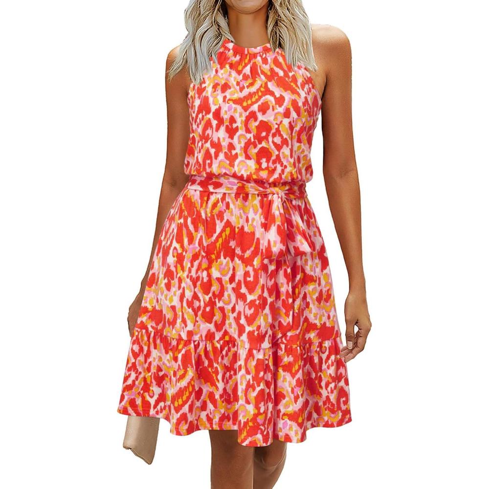 image:imageNewshows Womens 2026 Summer Dress Halter Wedding Guest Casual Beach Vacation Outfits Belted Sundresses with PocketsRed Yellow Floral