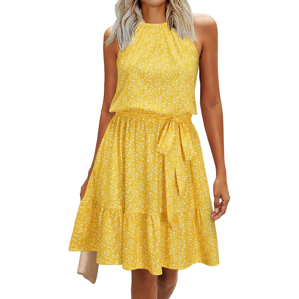 image:imageNewshows Womens 2026 Summer Dress Halter Wedding Guest Casual Beach Vacation Outfits Belted Sundresses with PocketsYellow Floral White