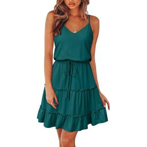 Newshows Women’s 2026 Summer Beach Vacation Drawstring Ruffle Hem A Line Cute Sundress(Peacock Green)