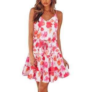 Newshows Women’s 2026 Summer Beach Vacation Drawstring Ruffle Hem A Line Cute Sundress(White Floral Red)