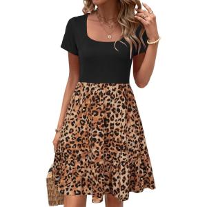 Newshows Women’s 2026 Summer Casual Square Neck Ruffle A Line Beach Vacation Sundress Work Business Dress with Pockets(Brown Leopard)