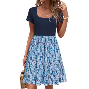 Newshows Women’s 2026 Summer Casual Square Neck Ruffle A Line Beach Vacation Sundress Work Business Dress with Pockets(Dark Blue Floral Purple)