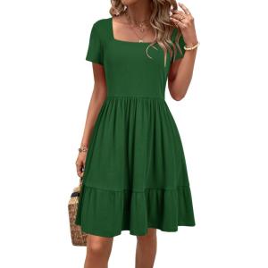 Newshows Women’s 2026 Summer Casual Square Neck Ruffle A Line Beach Vacation Sundress Work Business Dress with Pockets(Forest Green)