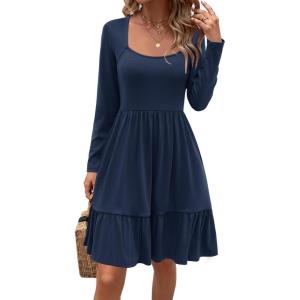 Newshows Women’s 2026 Summer Casual Square Neck Ruffle A Line Beach Vacation Sundress Work Business Dress with Pockets(Navyblue-4006)