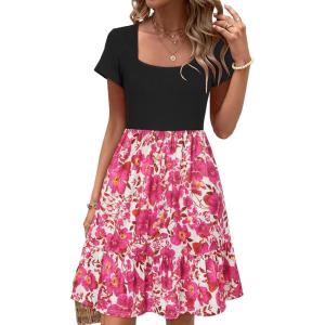 Newshows Women’s 2026 Summer Casual Square Neck Ruffle A Line Beach Vacation Sundress Work Business Dress with Pockets(White Floral Pink)
