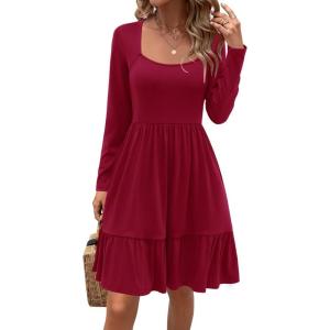 Newshows Women’s 2026 Summer Casual Square Neck Ruffle A Line Beach Vacation Sundress Work Business Dress with Pockets(Winered-4006)