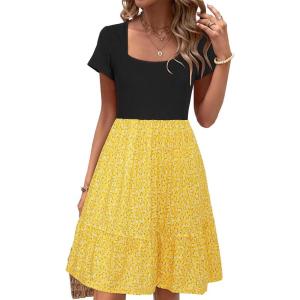 Newshows Women’s 2026 Summer Casual Square Neck Ruffle A Line Beach Vacation Sundress Work Business Dress with Pockets(Yellow Floral Black)