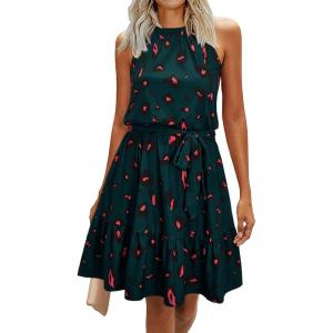 Newshows Womens 2026 Summer Dress Halter Wedding Guest Casual Beach Vacation Outfits Belted Sundresses with Pockets(Black Floral Red)