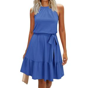 Newshows Womens 2026 Summer Dress Halter Wedding Guest Casual Beach Vacation Outfits Belted Sundresses with Pockets(Blue)