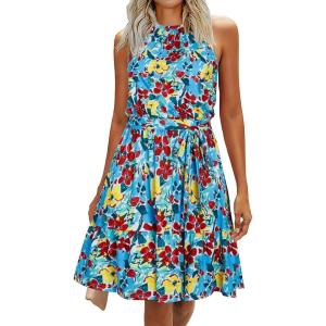 Newshows Womens 2026 Summer Dress Halter Wedding Guest Casual Beach Vacation Outfits Belted Sundresses with Pockets(Blue Floral Red)