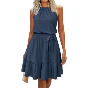 Newshows Womens 2026 Summer Dress Halter Wedding Guest Casual Beach Vacation Outfits Belted Sundresses with Pockets(Dark Blue)