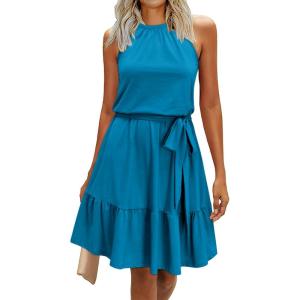 Newshows Womens 2026 Summer Dress Halter Wedding Guest Casual Beach Vacation Outfits Belted Sundresses with Pockets(Lake Blue)