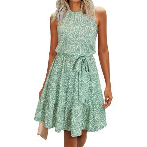 Newshows Womens 2026 Summer Dress Halter Wedding Guest Casual Beach Vacation Outfits Belted Sundresses with Pockets(Light Green Floral White)