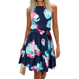 Newshows Womens 2026 Summer Dress Halter Wedding Guest Casual Beach Vacation Outfits Belted Sundresses with Pockets(Navy Floral Blue)