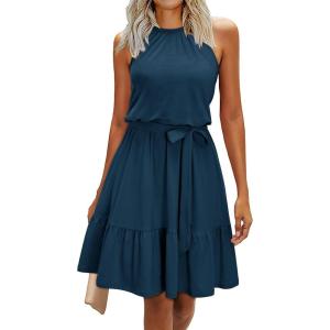 Newshows Womens 2026 Summer Dress Halter Wedding Guest Casual Beach Vacation Outfits Belted Sundresses with Pockets(Navy-1)