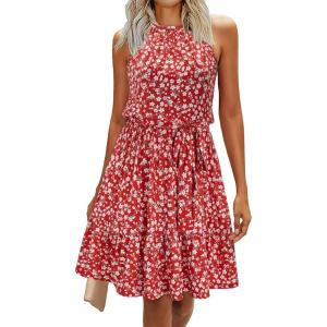 Newshows Womens 2026 Summer Dress Halter Wedding Guest Casual Beach Vacation Outfits Belted Sundresses with Pockets(Red Floral White)