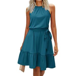Newshows Womens 2026 Summer Dress Halter Wedding Guest Casual Beach Vacation Outfits Belted Sundresses with Pockets(Teal Blue)