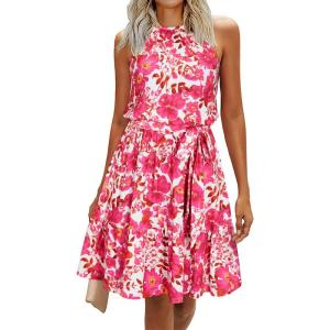 Newshows Womens 2026 Summer Dress Halter Wedding Guest Casual Beach Vacation Outfits Belted Sundresses with Pockets(White Floral Rose)