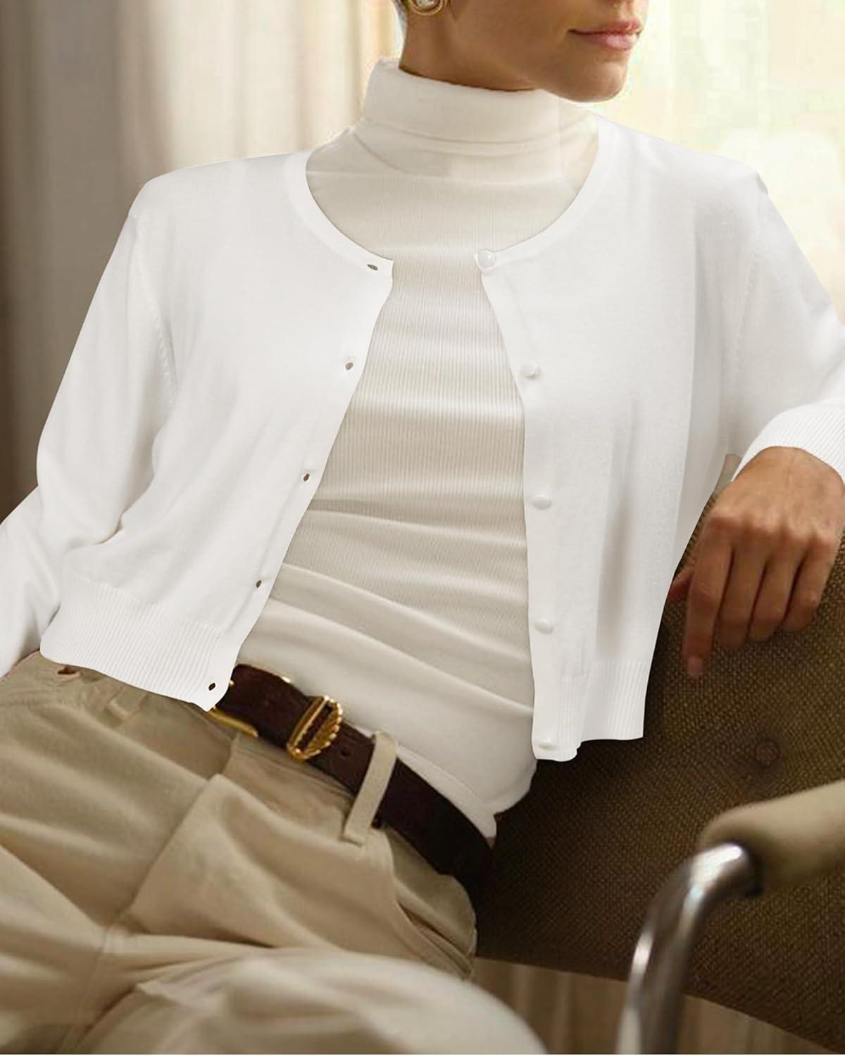 image:imageNewshows Cropped Cardigan Sweaters for Women 2025 Crew Neck Button Down Open Front Knit Bolero ShrugsWhite