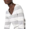 Amazon Essentials Femme Pull Léger à Manches Longues, Col en V, Coupe Classique (Disponible en Grande Taille)(Blanc Gris Clair Chiné Motif Rayures Rugby)