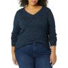 Amazon Essentials Femme Pull Léger à Manches Longues, Col en V, Coupe Classique (Disponible en Grande Taille)(Bleu Marine Noir Guépard)