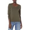 Amazon Essentials Femme Pull Léger à Manches Longues, Col en V, Coupe Classique (Disponible en Grande Taille)(Vert Olive Foncé Chiné)