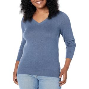 Amazon Essentials Femme Pull Léger à Manches Longues, Col en V, Coupe Classique (Disponible en Grande Taille)(Bleu Chiné)