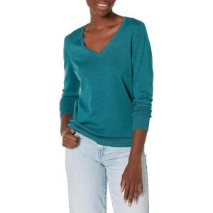 Amazon Essentials Femme Pull Léger à Manches Longues, Col en V, Coupe Classique (Disponible en Grande Taille)(Bleu Sarcelle Chiné)