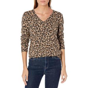 Amazon Essentials Femme Pull Léger à Manches Longues, Col en V, Coupe Classique (Disponible en Grande Taille)(Chameau Léopard)
