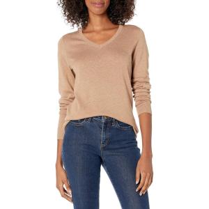 Amazon Essentials Femme Pull Léger à Manches Longues, Col en V, Coupe Classique (Disponible en Grande Taille)(Fauve Chiné)