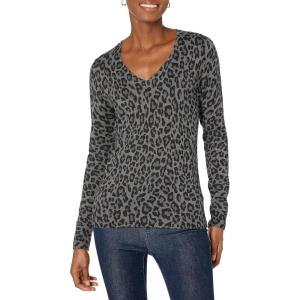Amazon Essentials Femme Pull Léger à Manches Longues, Col en V, Coupe Classique (Disponible en Grande Taille)(Gris Chiné Imprimé Léopard)