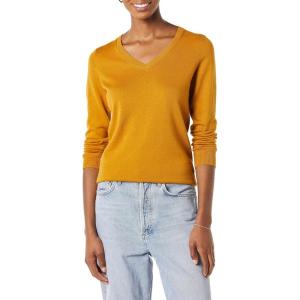 Amazon Essentials Femme Pull Léger à Manches Longues, Col en V, Coupe Classique (Disponible en Grande Taille)(Jaune Foncé Doré)