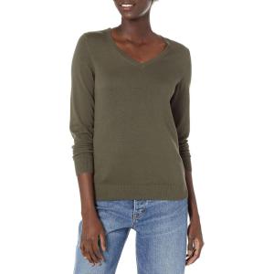 Amazon Essentials Femme Pull Léger à Manches Longues, Col en V, Coupe Classique (Disponible en Grande Taille)(Vert Olive Foncé Chiné)
