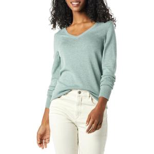 Amazon Essentials Femme Pull Léger à Manches Longues, Col en V, Coupe Classique (Disponible en Grande Taille)(Vert Sauge Chiné)