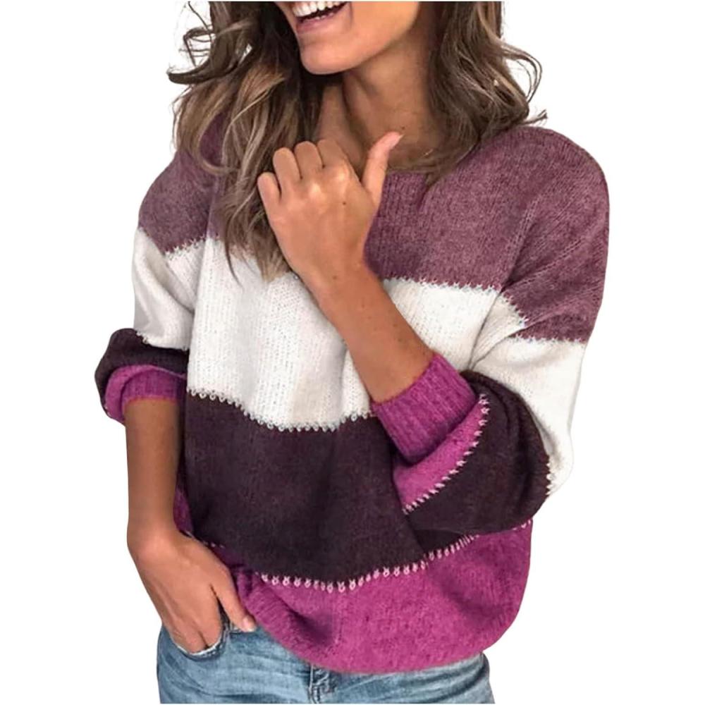 imagePull Chaud Femme Manche Longue Pull Hiver Rayures Couleur Assortie Col Rond Coupe Ample Dcontract Sweater Chic Et lgants Confortable Doux Temprament Pullover PassePartout ChandailViolet