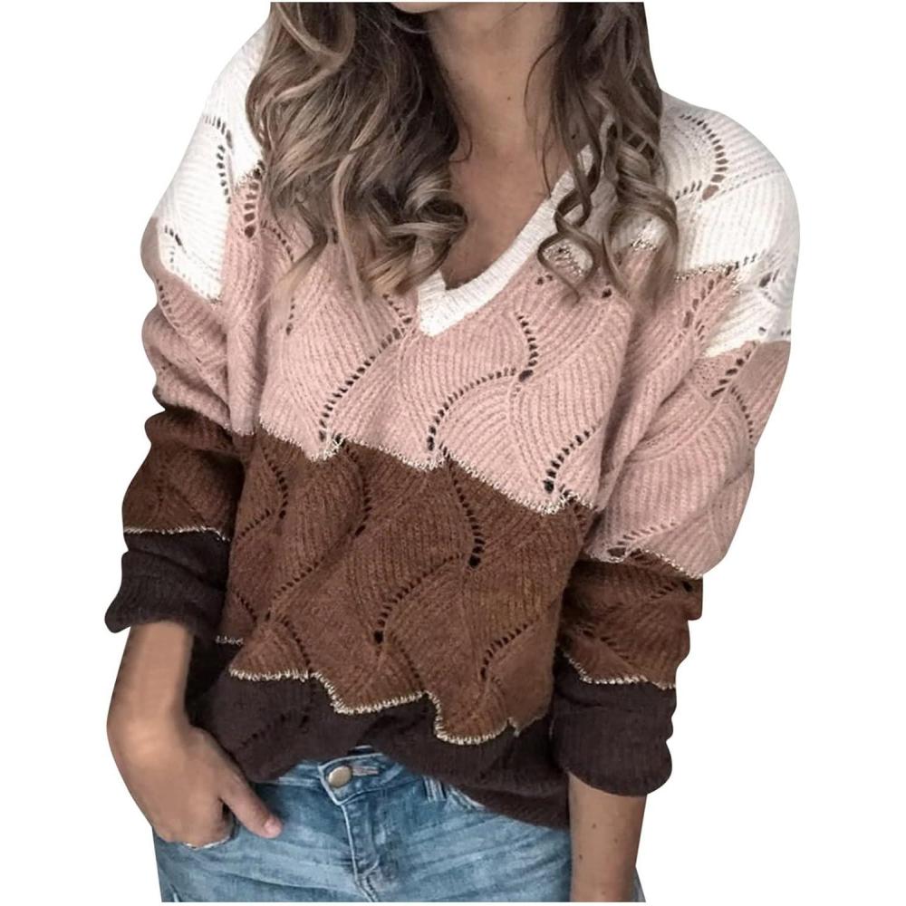 imagePull Chaud Femme Manche Longue Pull Hiver Rayures Couleur Assortie Col Rond Coupe Ample Dcontract Sweater Chic Et lgants Confortable Doux Temprament Pullover PassePartout ChandailZ13rose