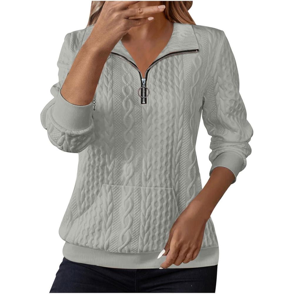 imageSweat Femme Dcontract Pull Femme Col Montant avec Fermeture clair Haut Ample Manches Longues Couleur Unie Jacquard Sweatshirt avec Poche Confortable Sport Top Blouse Automne Et Hiver10 Gris